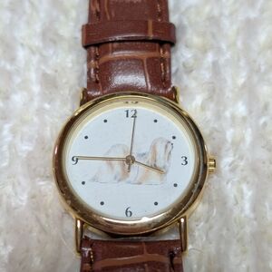 Brown Lhasa Apso Dog Watch with Brown Leather Band